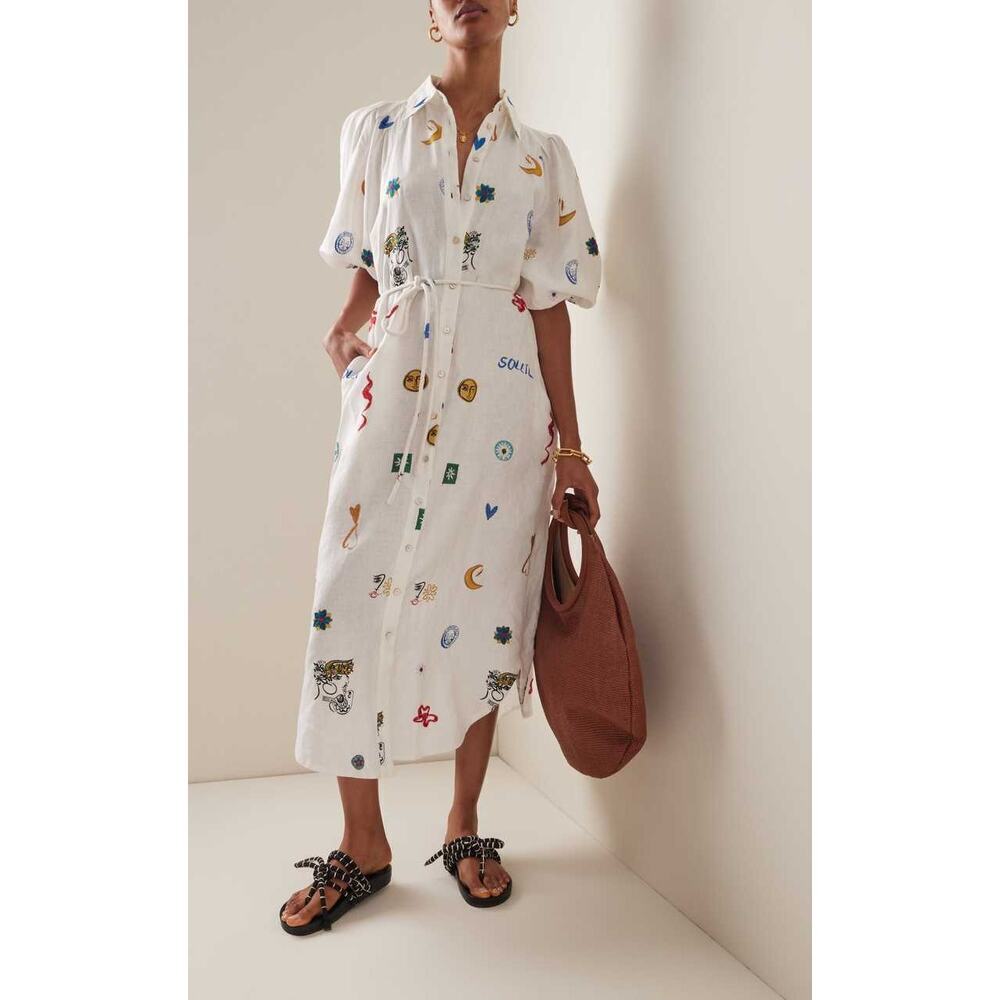 Beulah Style Soleil Embroidered Short Sleeves Button Front Shirt Dress Size L